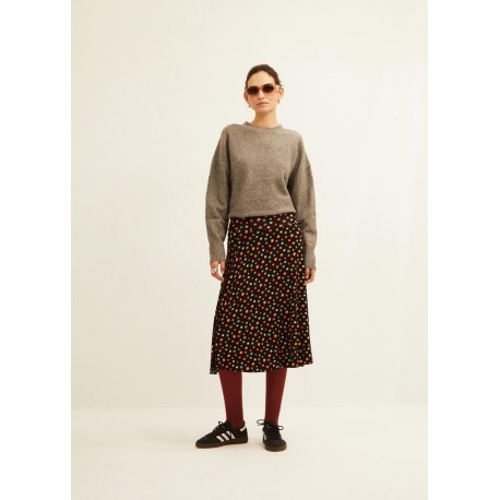 Falda midi viscosa negra lunares