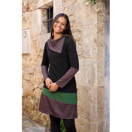 Vestido cálido cuello asimétrico combi verde