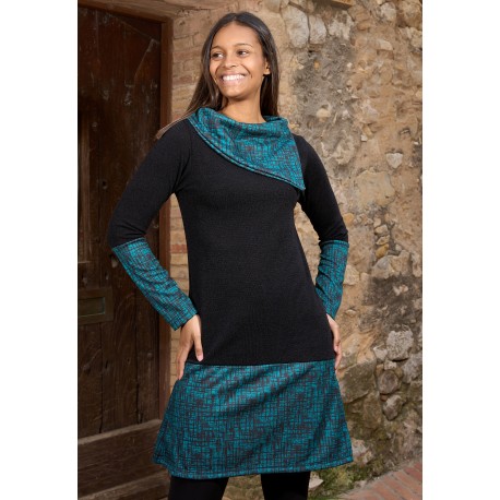 Vestido cálido cuello asimétrico turquesa